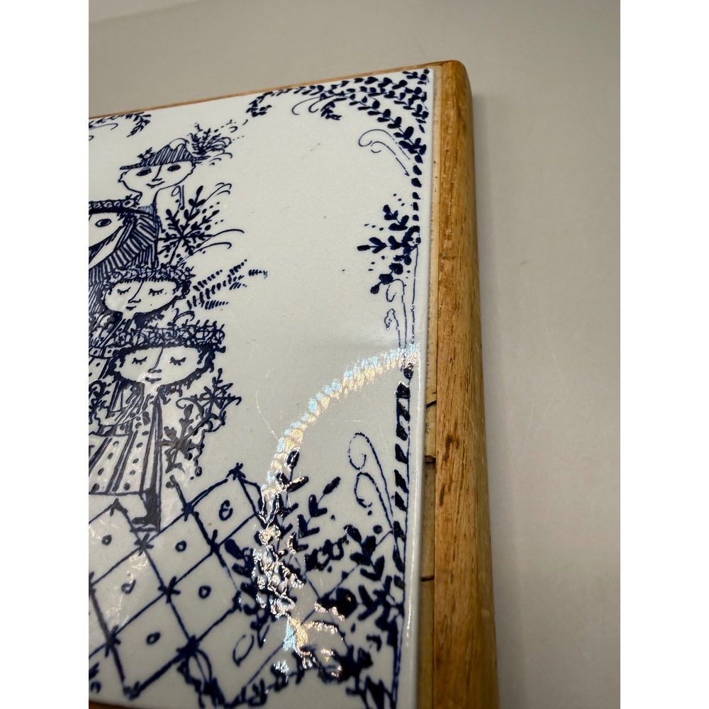 Vintage Bjorn Wiinblad Ceramic Trivet Blue White Danish Modern Wood Frame 6x6 - Picture 5 of 16